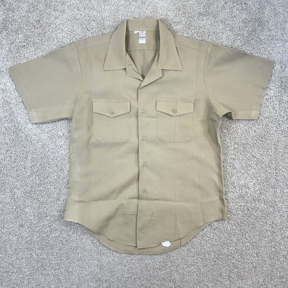 Flying Cross USN Military Shirt Mens Large Khaki Short Sleeve‎ Button Up 4251